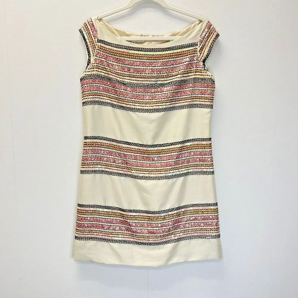 Corey Lynn Calter Anthropologie Beige Striped Beaded Sequin Sheath Dress Size 8
